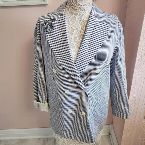 LKNW ALEX MILL Billie gingham Navy white Paper Cotton blazer jacket S - Picture 2 of 9